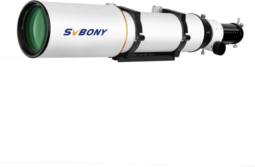 White SVBONY telescope with black and green accents, featuring a large lens and adjustable knobs.