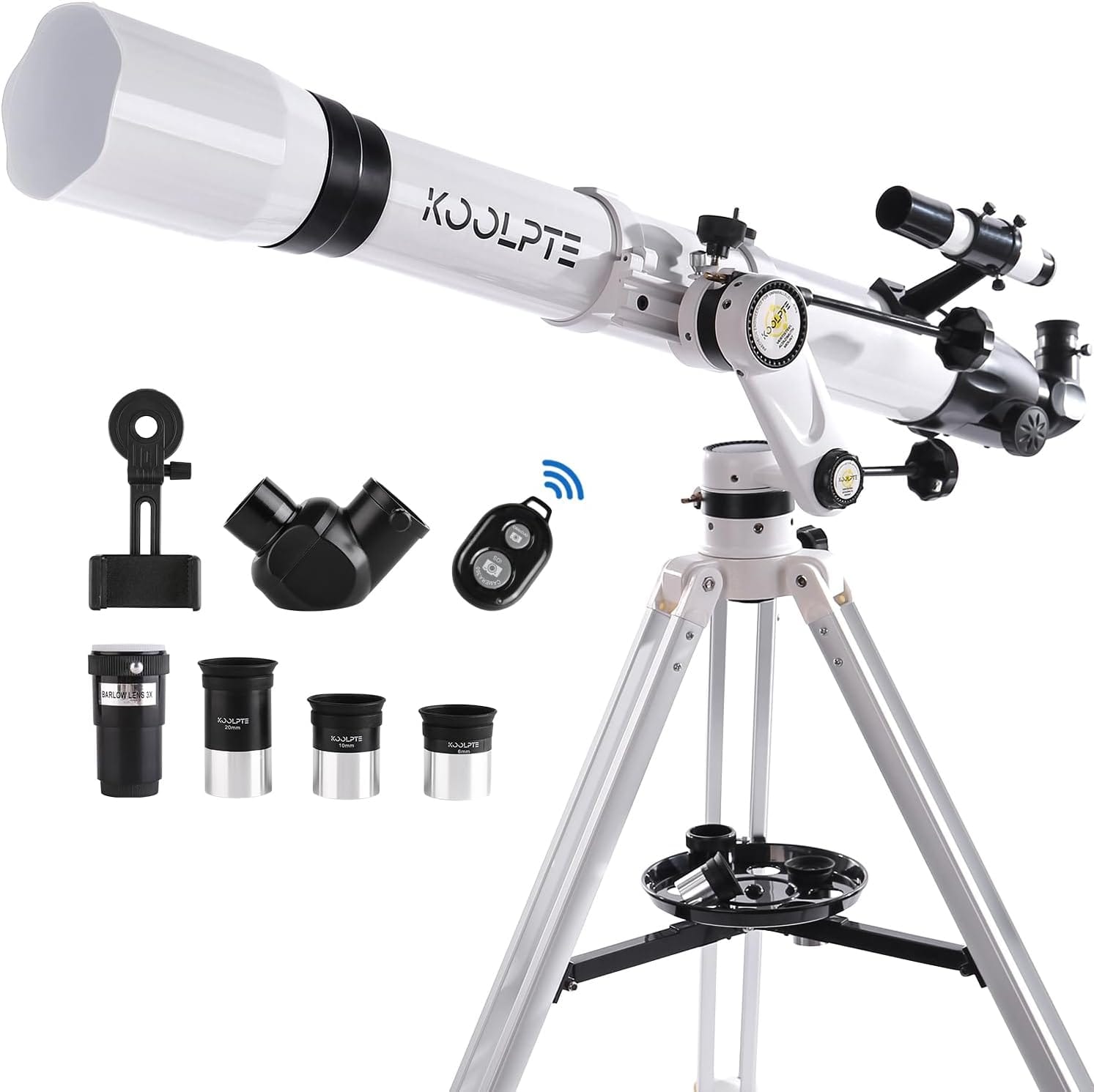 White telescope on a tripod with accessories including eyepieces, smartphone adapter, and remote control.