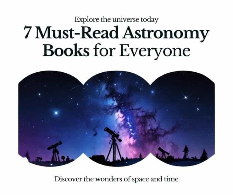 Silhouetted telescopes under a starry sky with the text: "Ignite your curiosity and explore the universe today. 7 Must-Read Astronomy Books for Everyone. Discover the wonders of space and time.