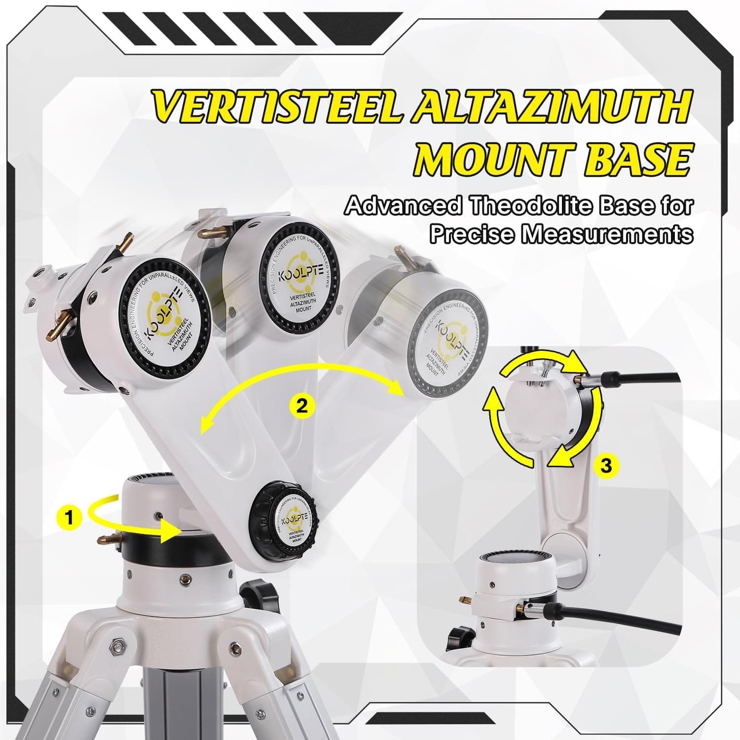 Altazimuth mount base with multiple adjustment knobs and labeled measurement guides, designed for precise alignment and stability on a tripod.