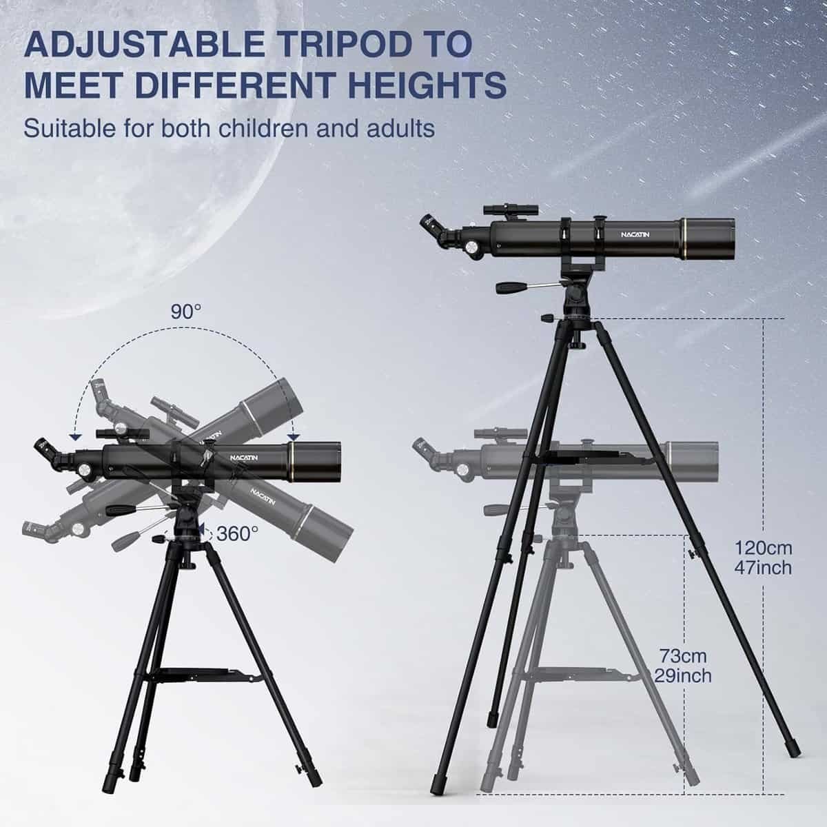 Telescope with adjustable tripod shown in two heights: 120 cm (47 inches) and 73 cm (29 inches). Includes diagrams of 90° vertical and 360° horizontal rotation. Suitable for all ages.