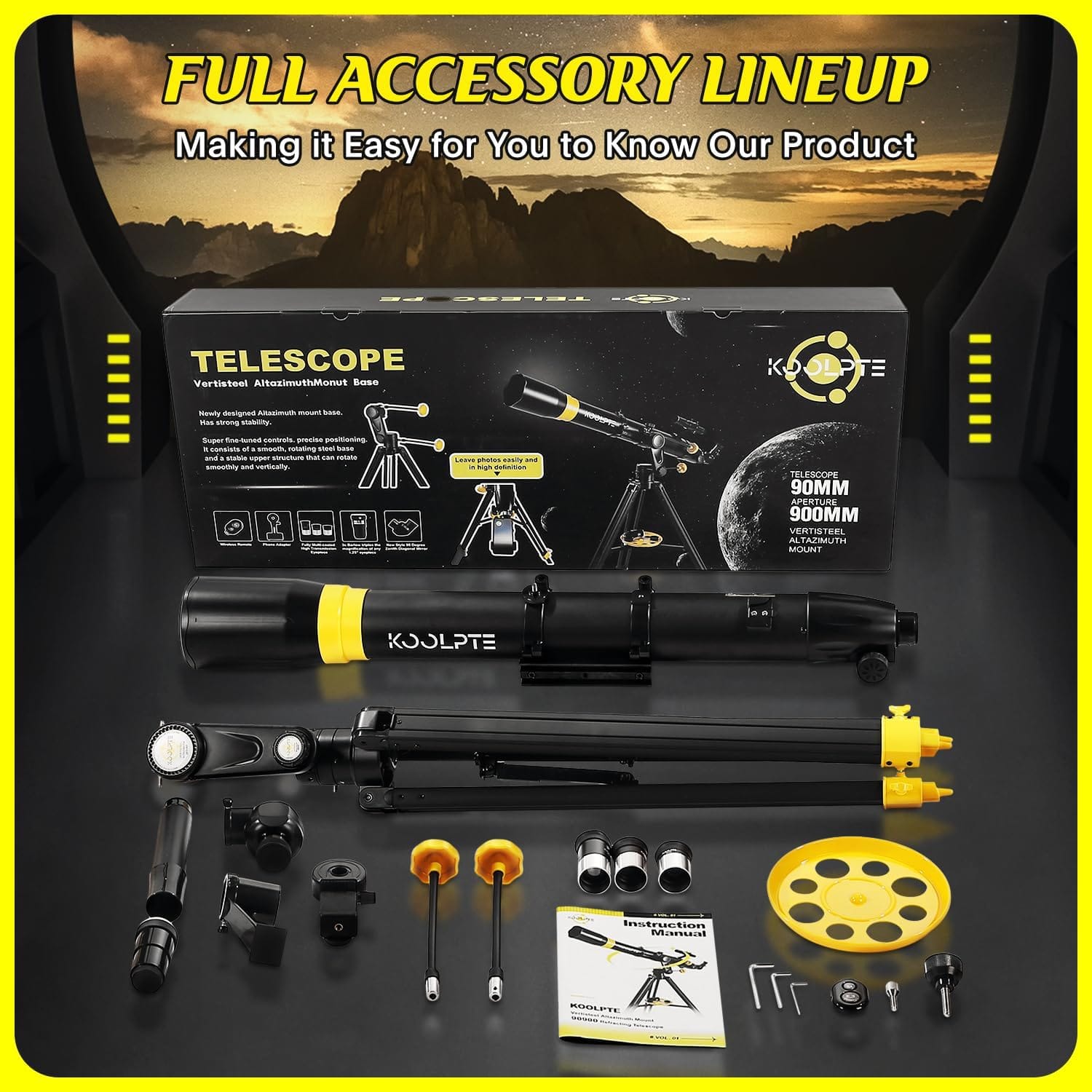 Telescope set with accessories displayed, including lenses, mount, user guide, and packaging. Text on packaging highlights features and specifications.