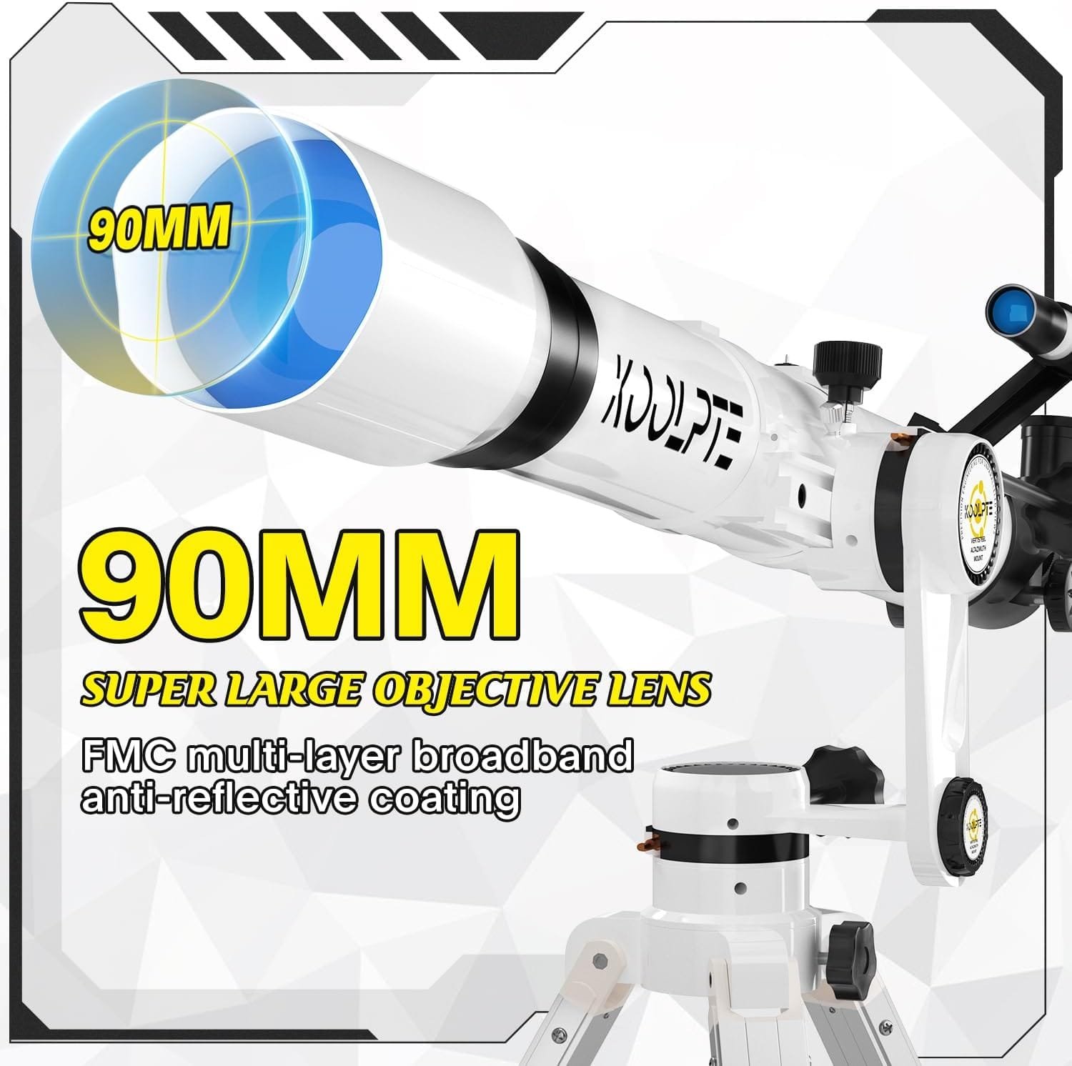 A white telescope with a 90mm super large objective lens and FMC multi-layer broadband anti-reflective coating is shown on a white tripod. Bold yellow text highlights the lens size.