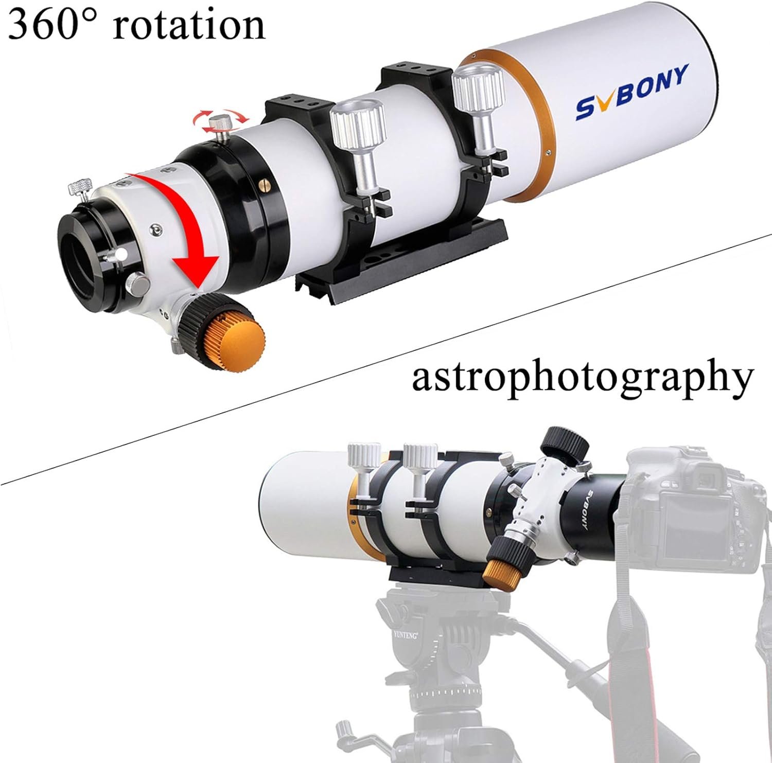 A telescope labeled "SVBONY" with features including 360° rotation. It is shown attached to a camera. Text reads "astrophotography.