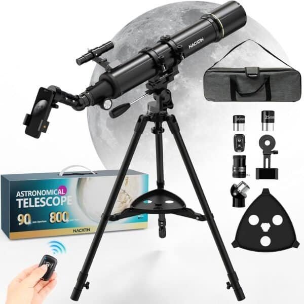 Black astronomical telescope with tripod, smartphone holder, lenses, remote, and carrying case displayed against a moon background. Box labeled "Astronomical Telescope" included.