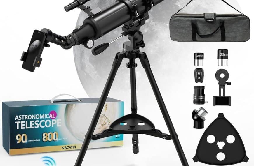 Astronomical telescope with tripod, moon in background. Includes accessories: smartphone adapter, finder scope, two eyepieces, barlow lens, wireless remote, carrying case, and a manual.