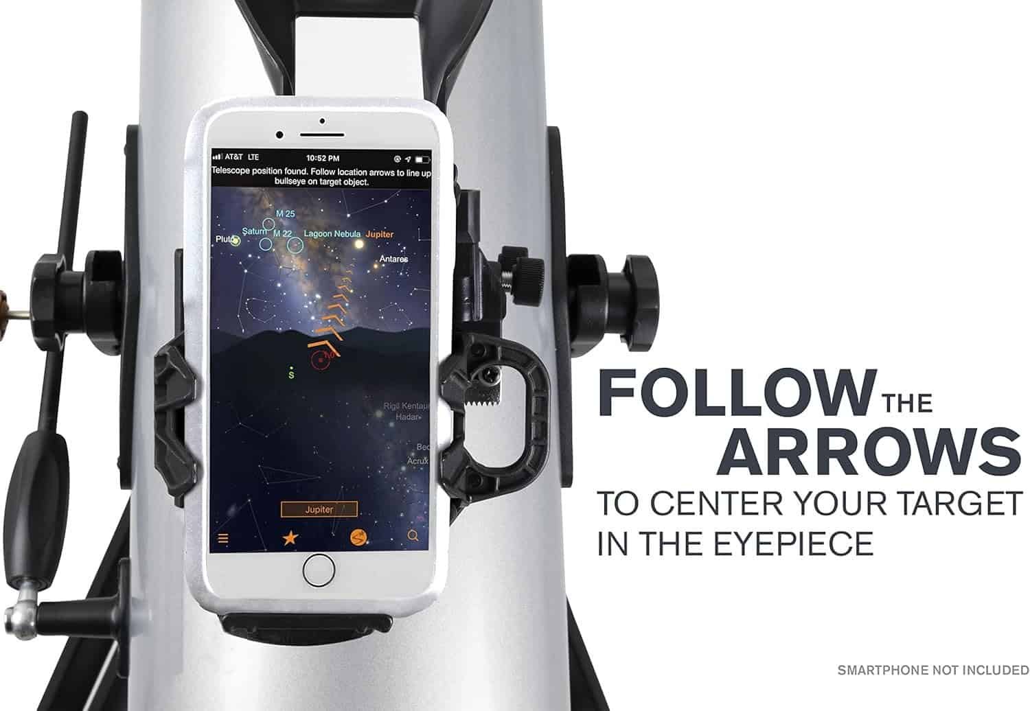 Smartphone displaying a star map is attached to a telescope. Text reads, "Follow the arrows to center your target in the eyepiece." Note: Smartphone not included.