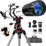 Telescope kit with a tripod, two eyepieces, a phone holder, and a carrying case.
