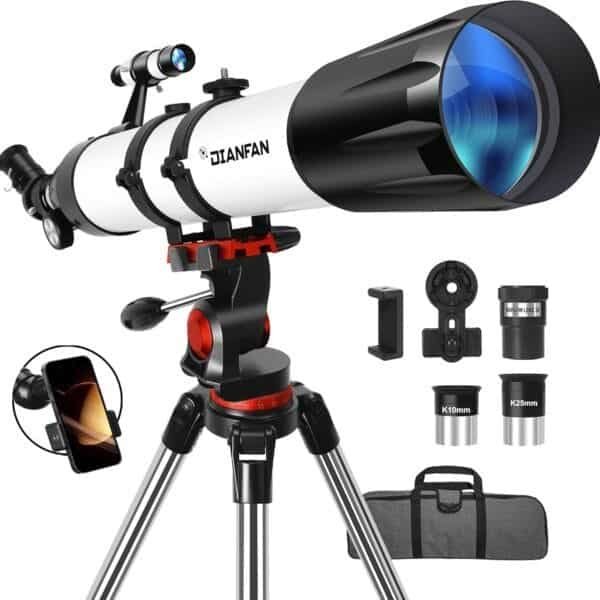 Telescope kit with a tripod, two eyepieces, a phone holder, and a carrying case.