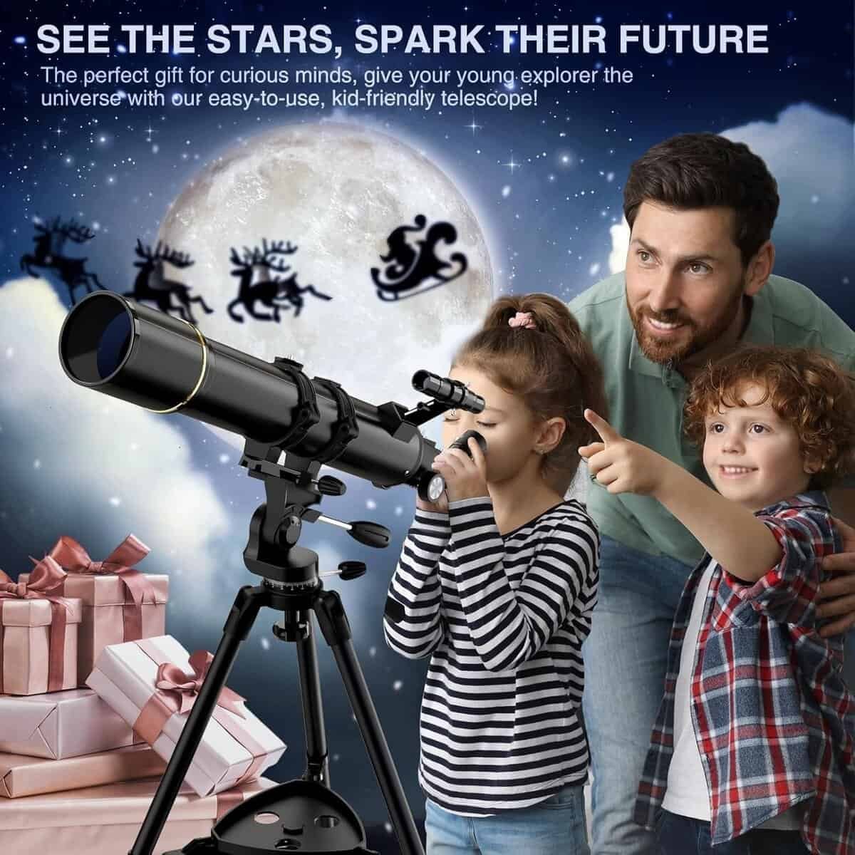 A family using a telescope, standing under a night sky with a large moon. Silhouettes of Santa, reindeer, and sleigh appear in front of the moon. Gifts are stacked in the foreground.