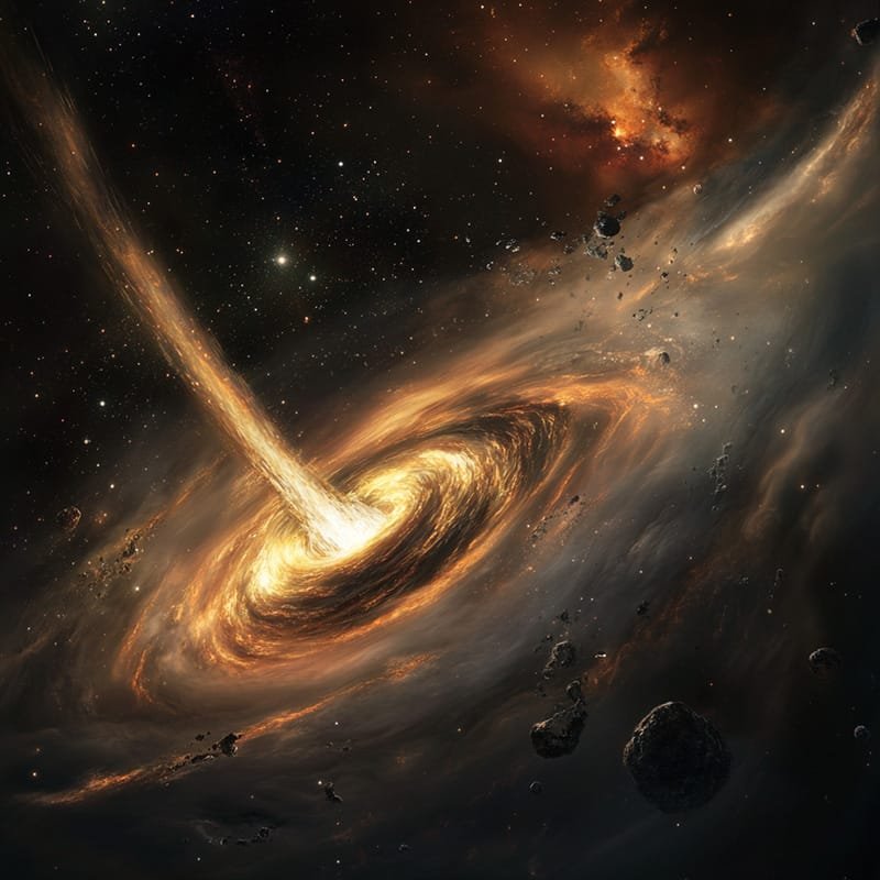 A swirling black hole in space with glowing matter spiraling into it, surrounded by stars and asteroids.