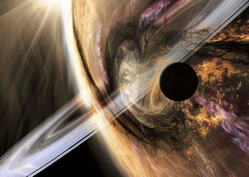 Artistic depiction of a black hole with swirling rings, a bright light source, and dynamic space phenomena.