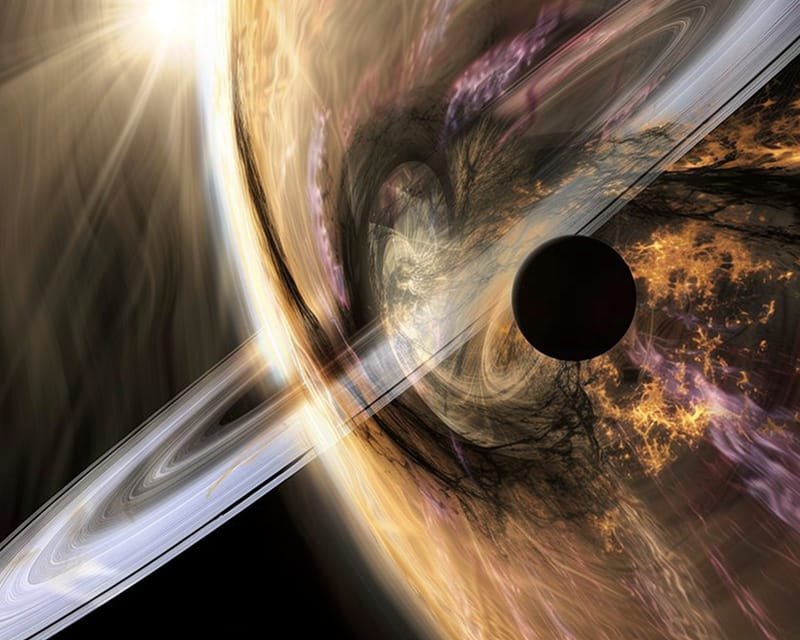 Artistic depiction of a black hole with swirling rings, a bright light source, and dynamic space phenomena.