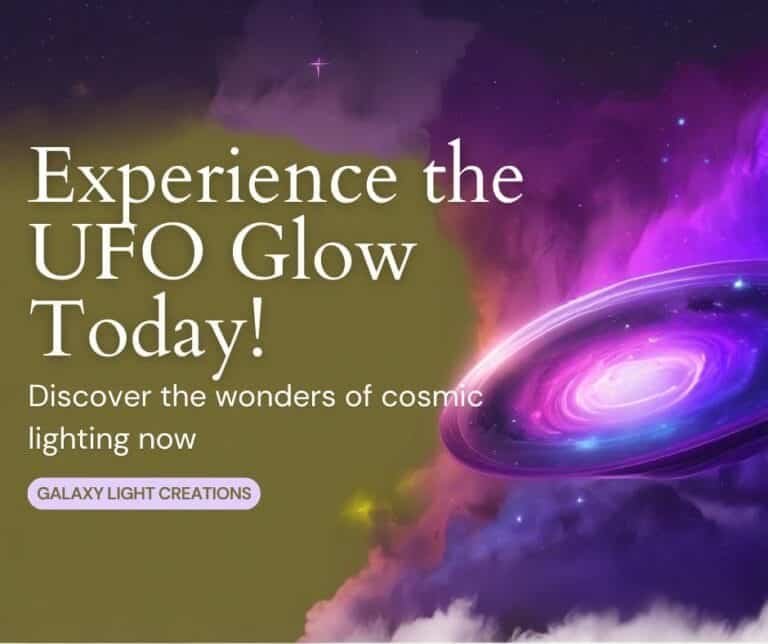 Experience a purple and pink cosmic swirl inspired by the James Webb Space Telescope, featuring text promoting UFO Glow lighting by Galaxy Light Creations.