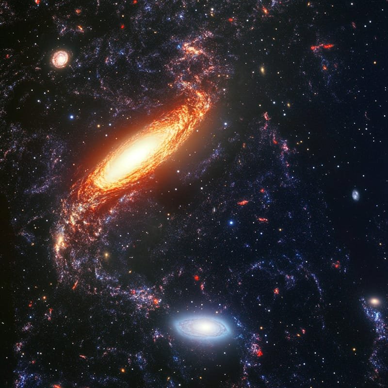 A vivid image of spiral galaxies in space. A central, bright galaxy glows orange against a dark starry background, with other smaller galaxies visible nearby.