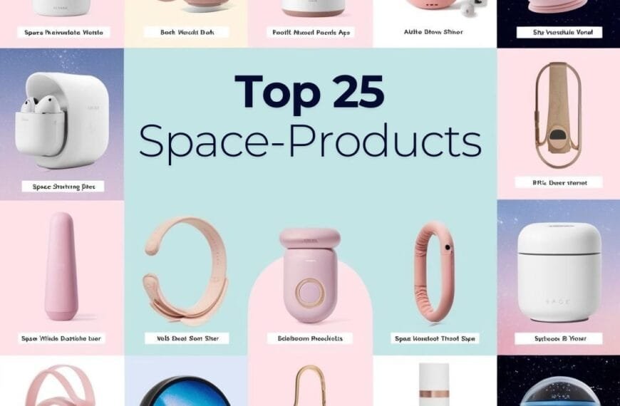Discover our grid of "Top 25 Must-Have Space-Products," featuring an array of sleek gadgets in pink and white, perfect for Spring 2025. Dive into smart home devices, wearables, and accessories that redefine modern living.