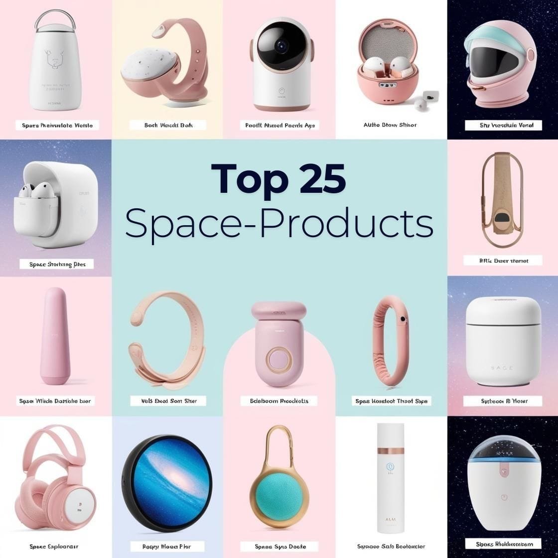 Discover our grid of "Top 25 Must-Have Space-Products," featuring an array of sleek gadgets in pink and white, perfect for Spring 2025. Dive into smart home devices, wearables, and accessories that redefine modern living.