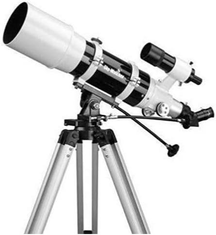 A black and white telescope on a tripod stand with a finder scope and adjustment knobs.