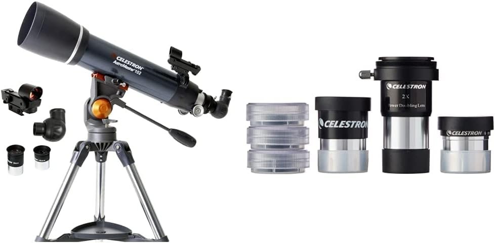 A Celestron telescope with a tripod, various eyepieces, and accessories displayed separately on a plain white background.