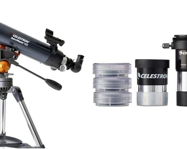A Celestron refractor telescope with a tripod is shown alongside multiple eyepieces, a Barlow lens, and other accessories arranged neatly on a white background.