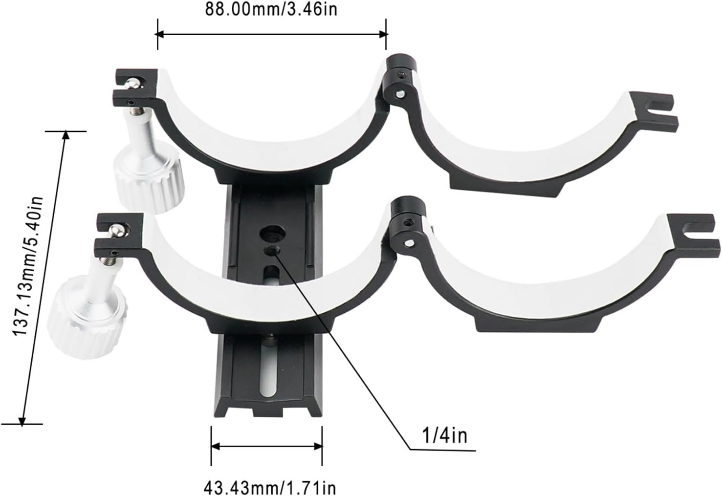 Telescope mounting bracket with dimensions labeled: 88.00mm/3.46in width, 137.13mm/5.40in height, 43.43mm/1.71in length, and 1/4in thickness.