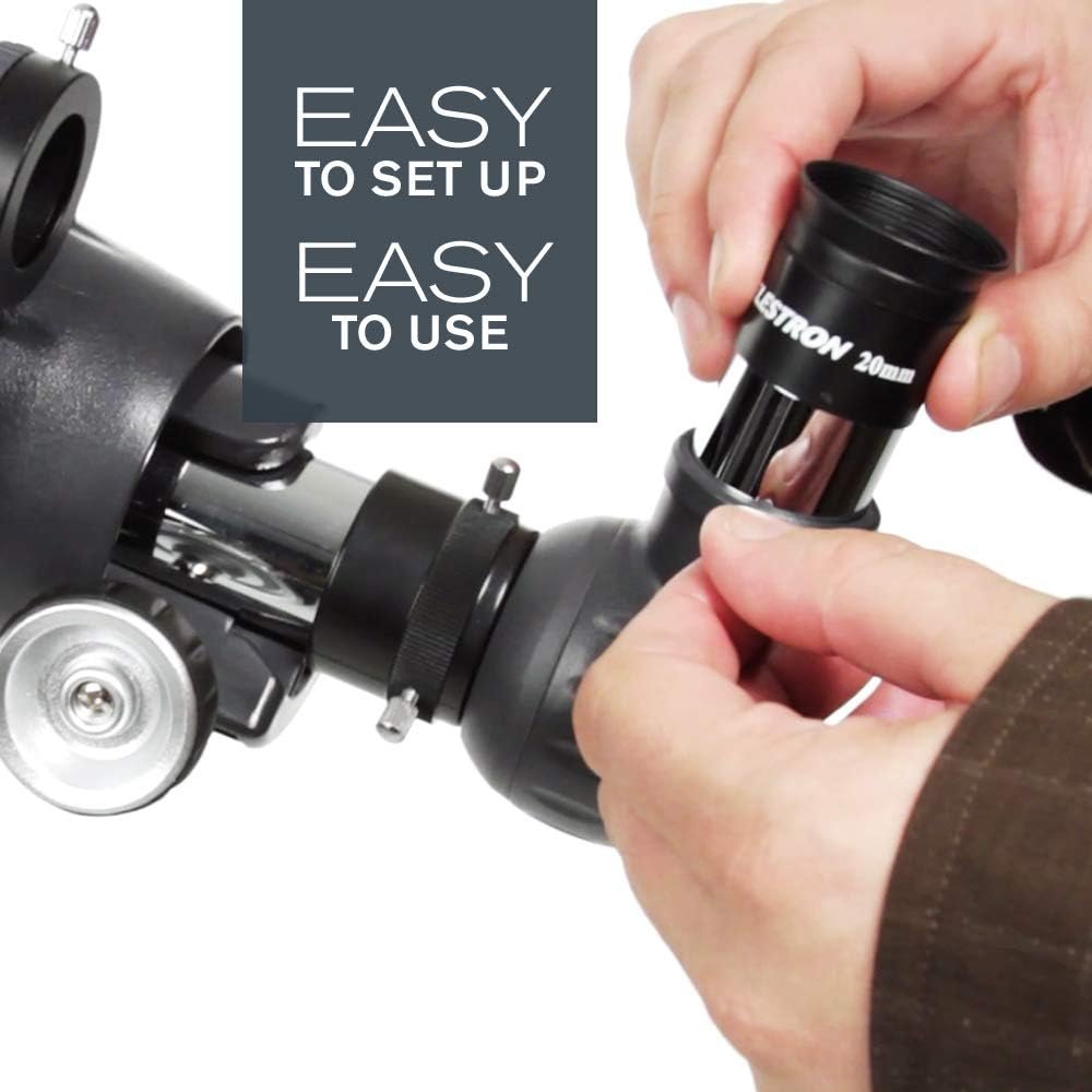 Hands adjust a lens on a telescope labeled "EASY TO SET UP, EASY TO USE.
