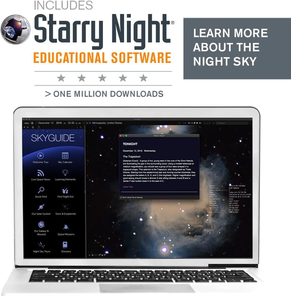 Laptop displaying Starry Night educational software interface with astronomical content.