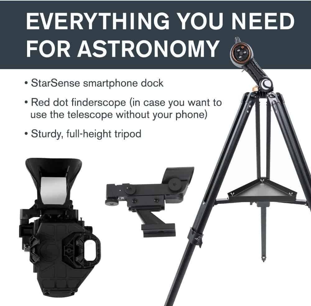 Astronomy telescope setup with StarSense smartphone dock, red dot finderscope, and a sturdy full-height tripod. Text lists included features.