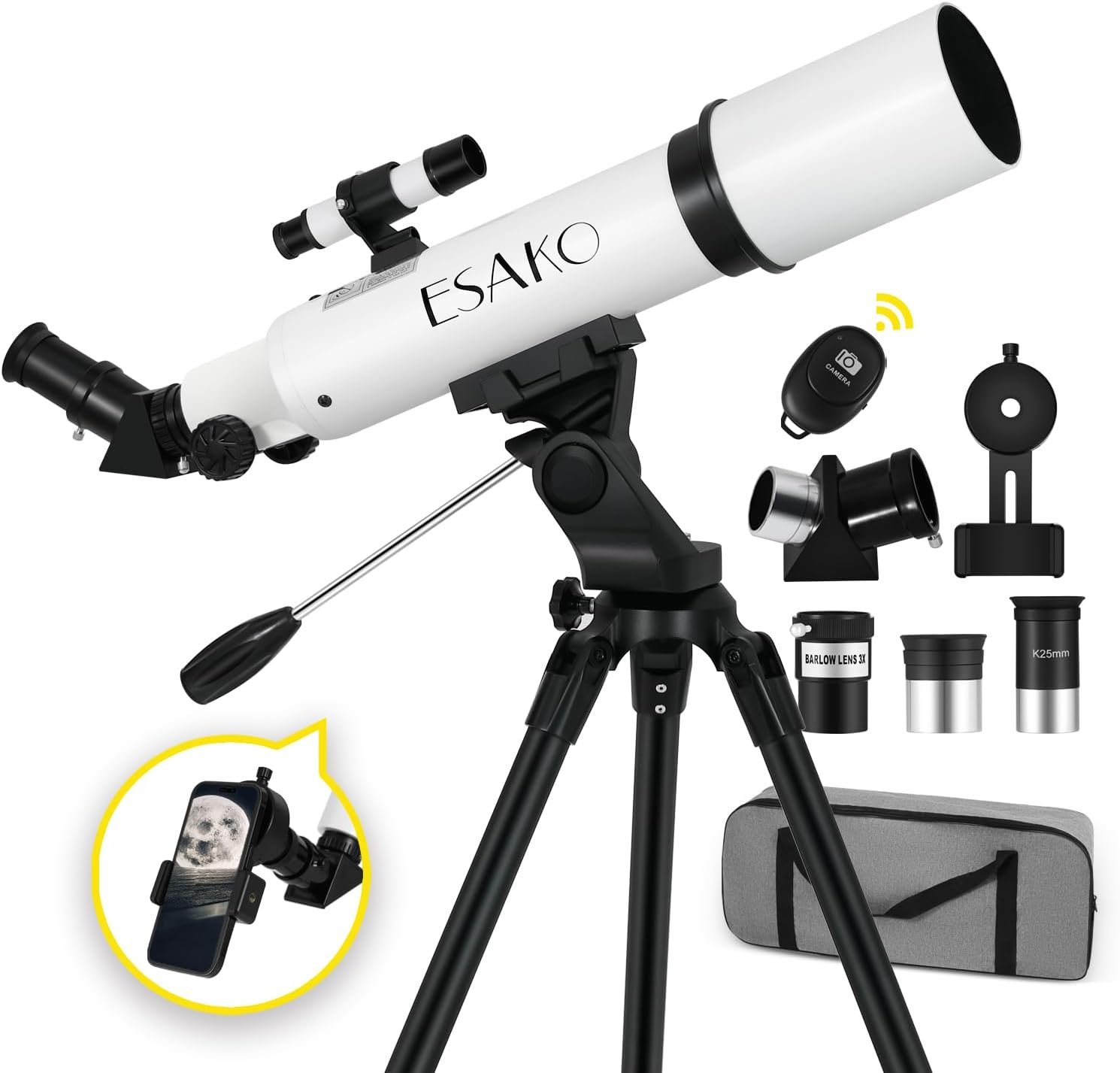 Telescope set with tripod, includes eyepieces, phone adapter, and carrying bag, labeled "ESAKO" on the tube.