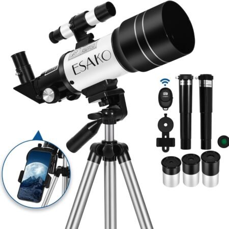 Telescope on a tripod with labeled parts. Includes viewfinder, eyepieces, phone adapter, and remote. Image inset shows a phone with a telescope view of a moonlit mountain.