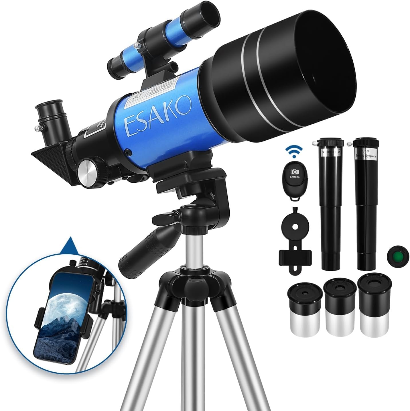 Blue telescope on a tripod with additional lenses, smartphone attachment, and remote, designed for sky observation.