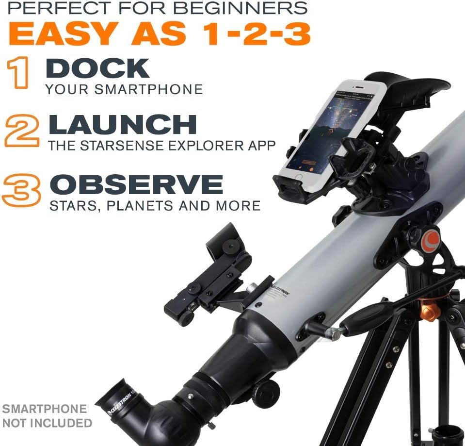 Telescope with smartphone attachment, showcasing three steps: Dock your smartphone, launch an app, and observe stars. Smartphone not included.