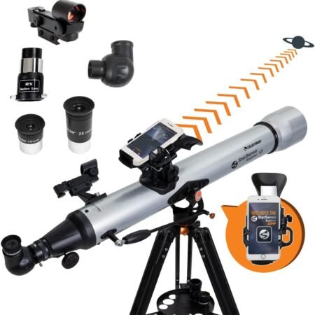 A telescope set with various eyepieces, a smartphone holder, and starfinder app. The setup is shown with arrows suggesting a view of a planet.