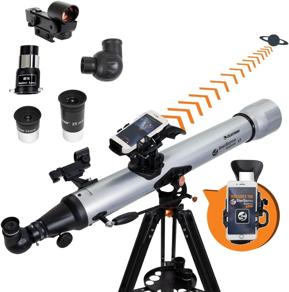 A telescope set with various eyepieces, a smartphone holder, and starfinder app. The setup is shown with arrows suggesting a view of a planet.