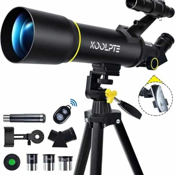 Black telescope kit with tripod, additional lenses, smartphone holder, and remote control.