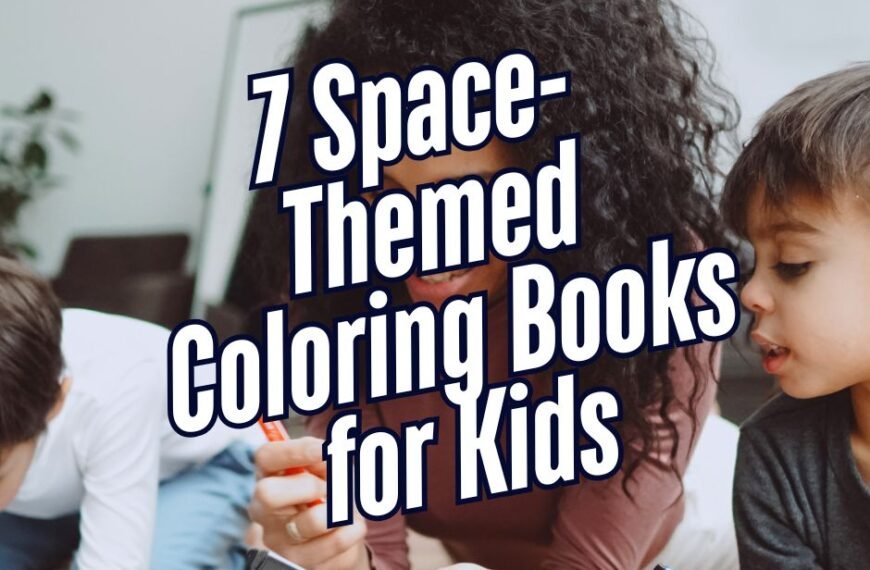 Children coloring with a woman, text overlay reads: "Explore 7 Exciting Space-Themed Coloring Books for Kids.