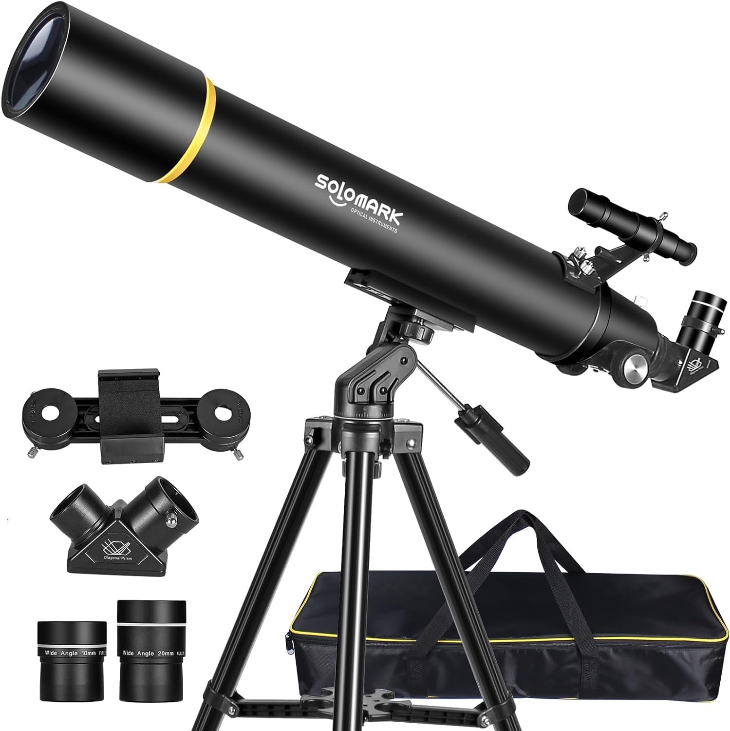 Black Solomark telescope on a tripod with two eyepieces, a smartphone adapter, and a carrying bag.