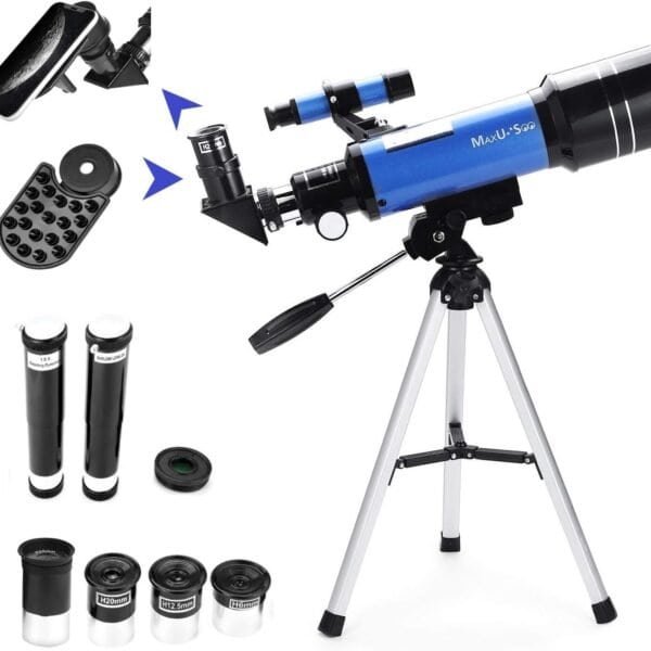 Blue and black telescope on a tripod with five eyepieces, a smartphone adapter, and additional accessories displayed around it.