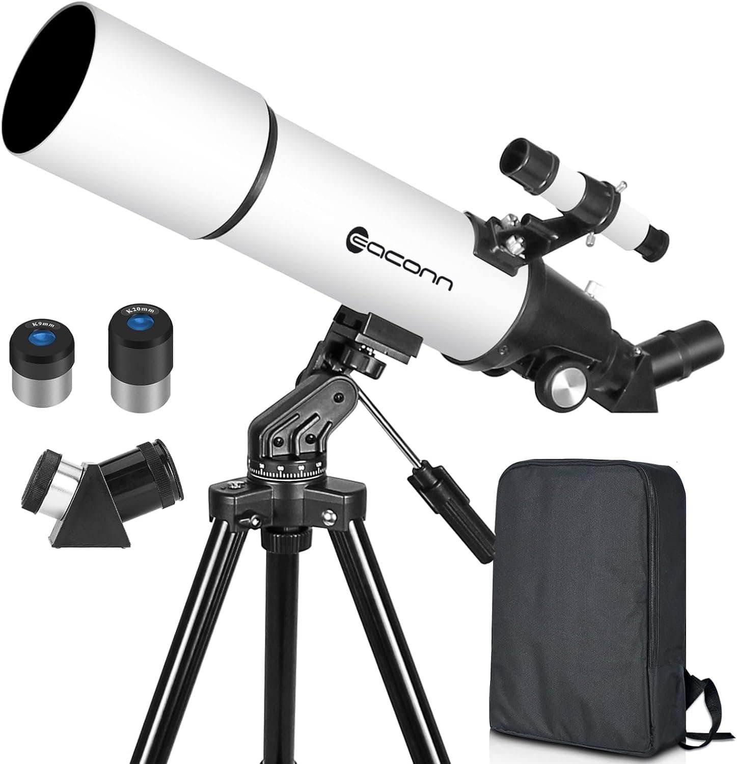 White telescope on a tripod with two eyepieces, a diagonal mirror, and a black carrying case.