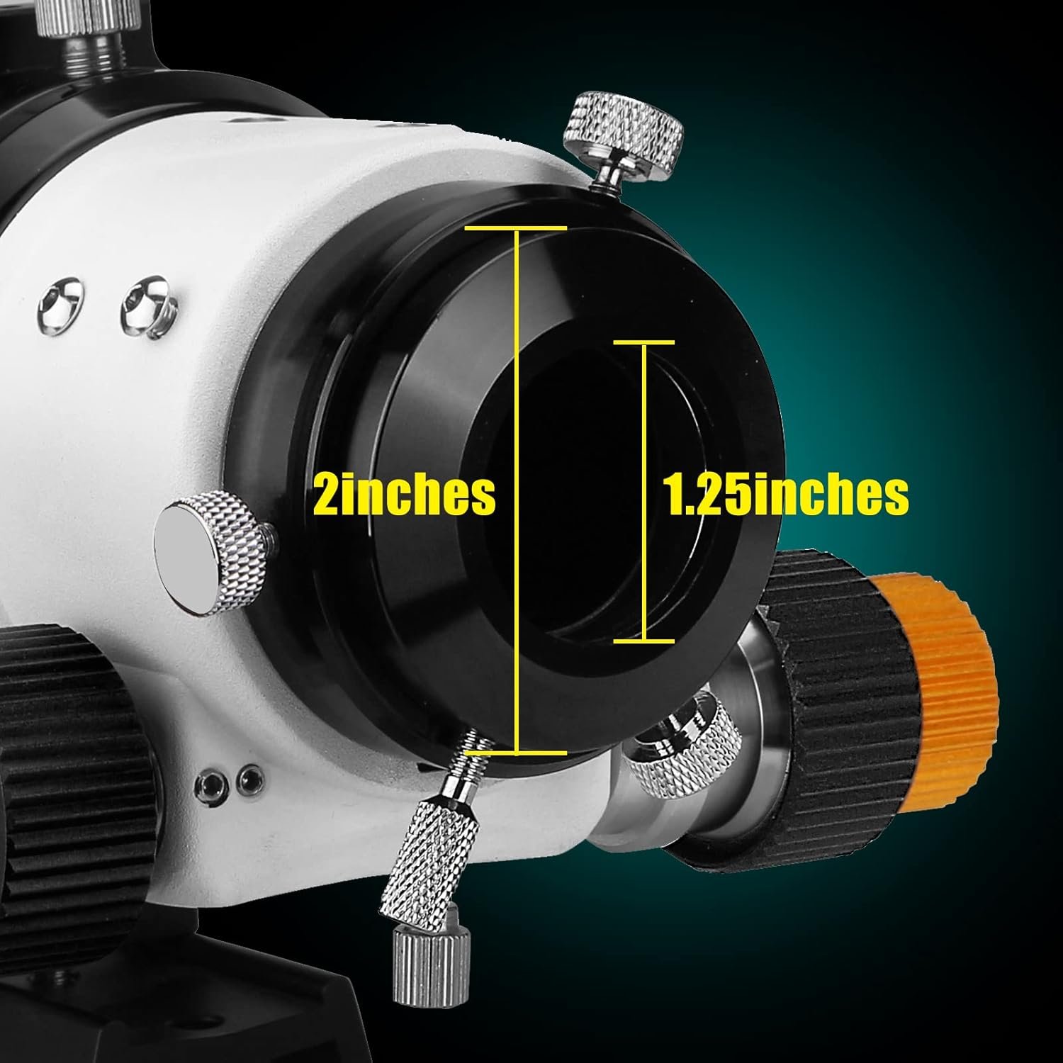 Close-up of a telescope focuser showing two measurement labels: 2 inches and 1.25 inches, with adjustment knobs around the focusing mechanism.