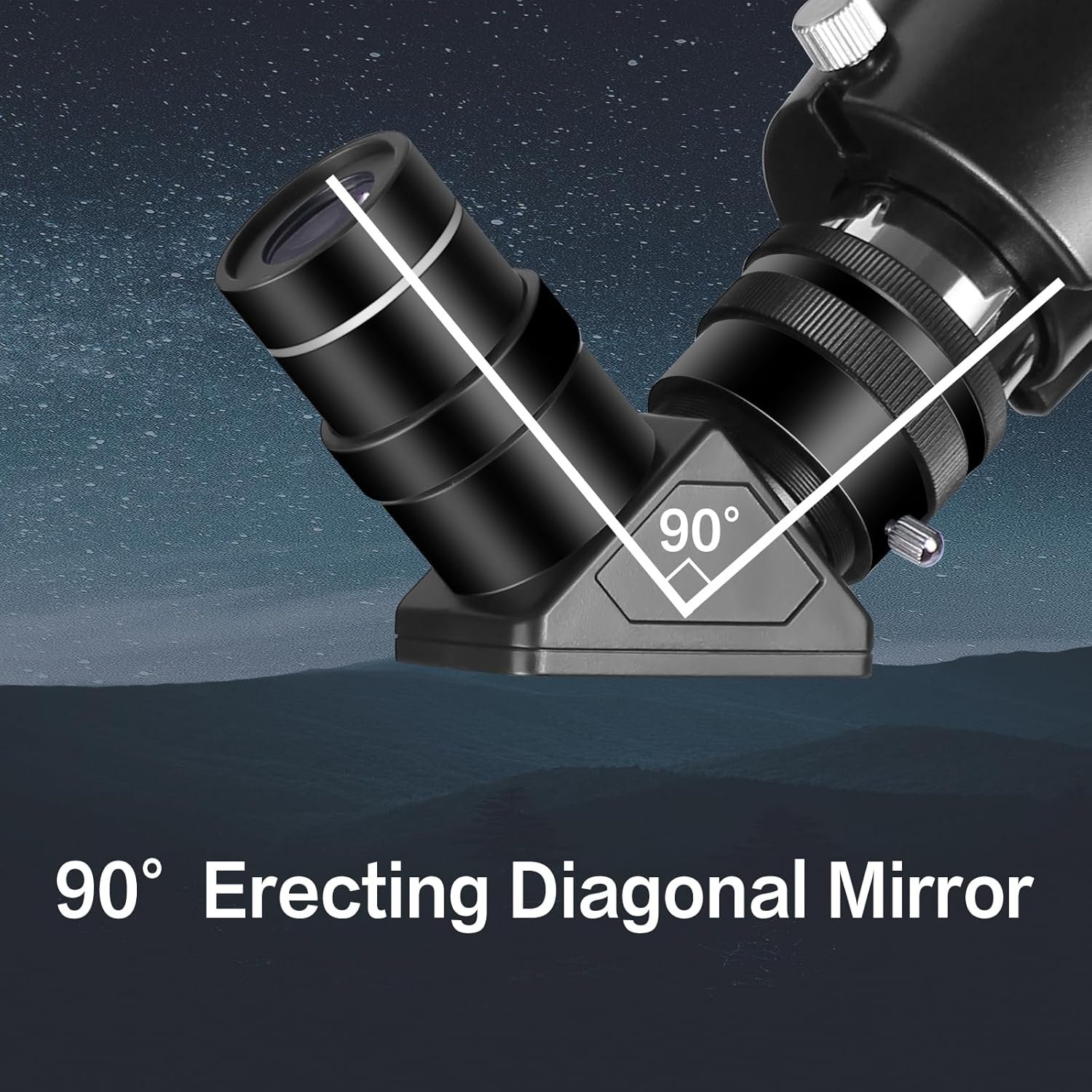 A 90-degree erecting diagonal mirror with a telescope attachment is shown against a starry night sky background.