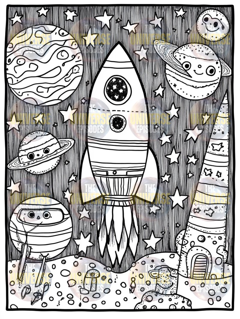 Explore the wonders of space with our Free Galaxy Space Coloring Pages, featuring a black and white rocket among smiling planets, stars, and a tiny house on a moon. Perfect for fueling your imagination with 37 digital files available for download.
