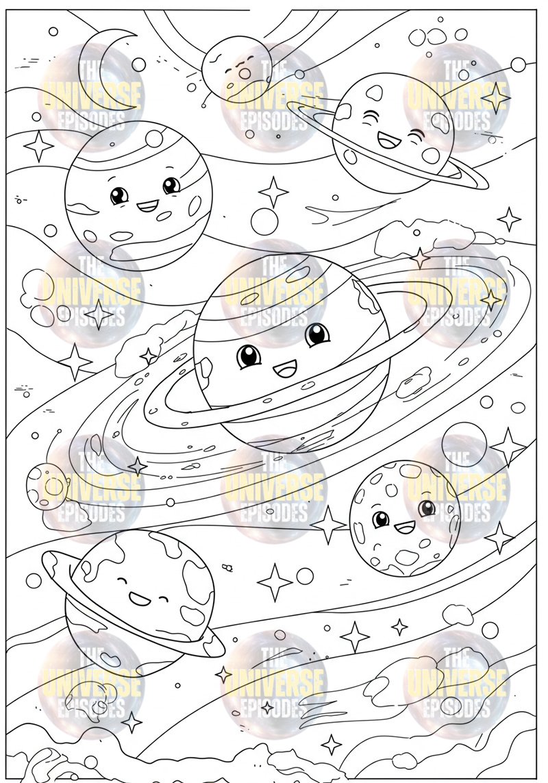 The Free Galaxy Space Coloring Pages features cartoon planets with smiling faces amidst stars, clouds, and comets. Download 37 digital files to bring this black-and-white cosmic scene to life.