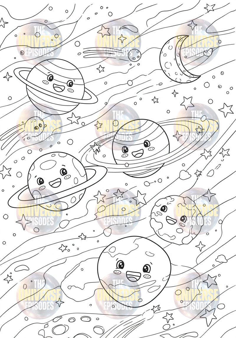 The Free Galaxy Space Coloring Pages features 37 digital files of cute planets with faces and rings floating among stars and comets in a galaxy-themed doodle illustration, perfect for coloring.