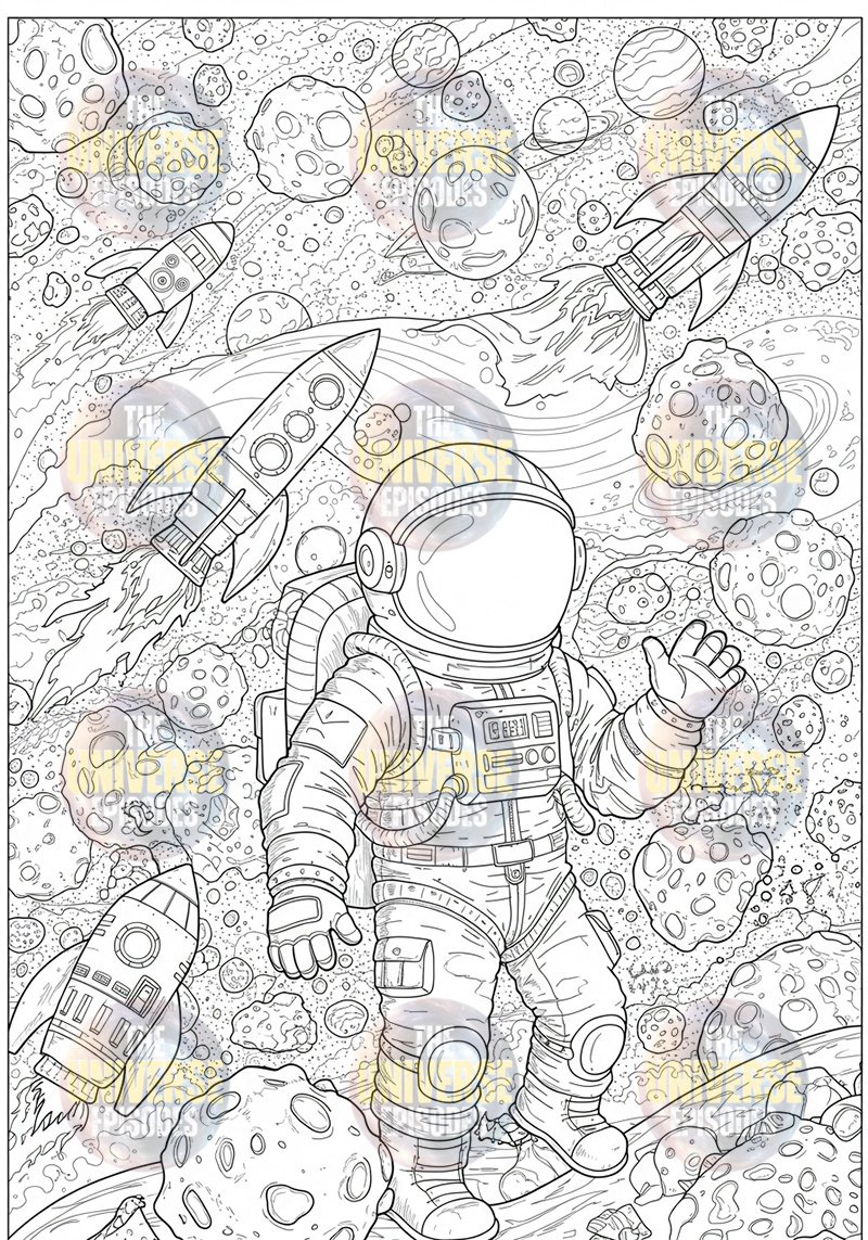 An astronaut drifts through a vibrant galaxy of swirling planets, asteroids, and rockets—a celestial tapestry ideal for those seeking space coloring experiences. Explore the cosmos creatively with Free Galaxy Space Coloring Pages featuring 37 digital files available for download.