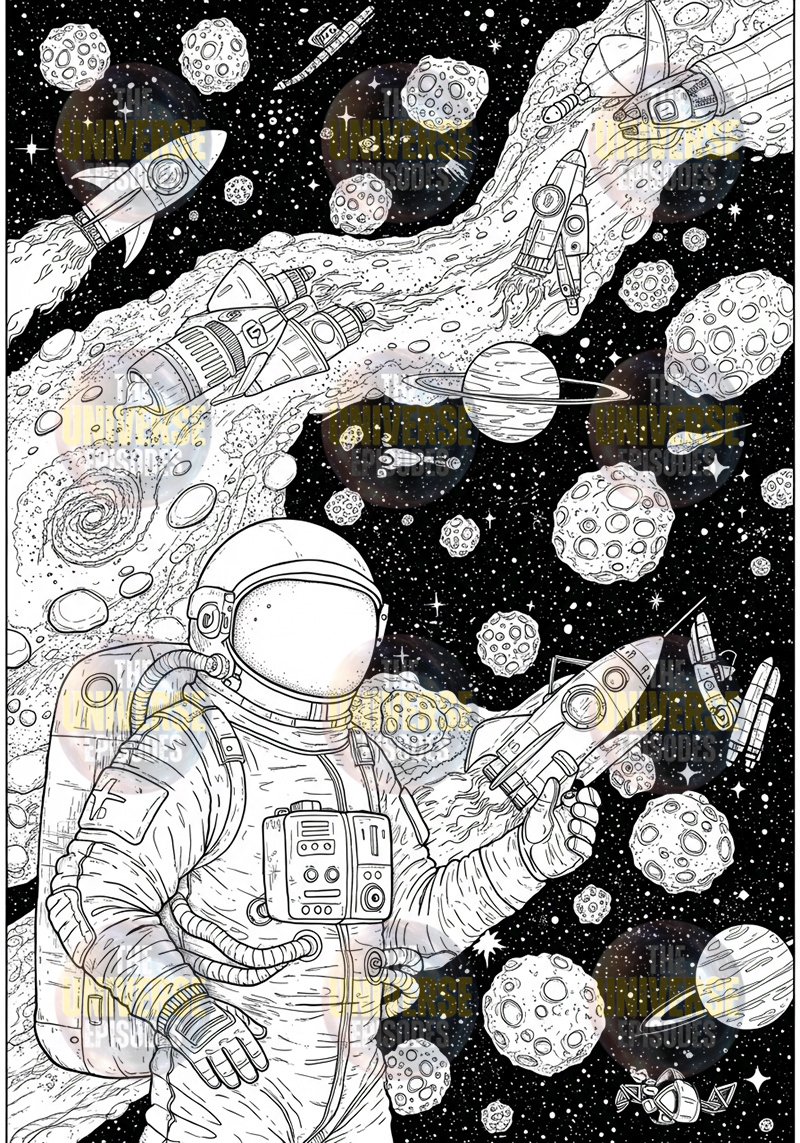 Amid a cosmic ballet of asteroids, planets, and rockets, an astronaut floats against a swirling galaxy backdrop, reminiscent of the Free Galaxy Space Coloring Pages with 37 digital files available for download.