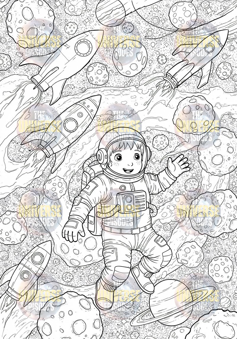 A child astronaut floats among rockets, planets, and asteroids in a black and white galaxy scene from the "Free Galaxy Space Coloring Pages" set featuring 37 digital files for download, perfect for sparking creativity.
