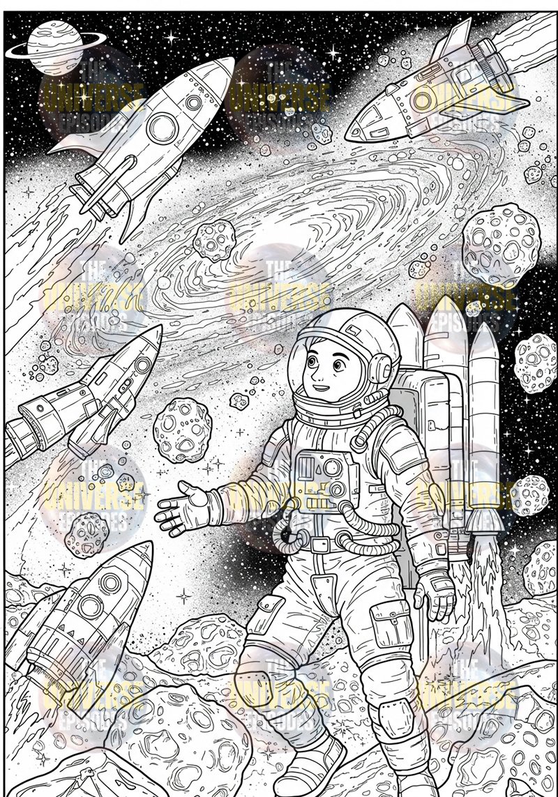 An astronaut floats in space, surrounded by rockets, asteroids, and a spiral galaxy bursting with cosmic colors like a live coloring page against the starry backdrop. Ideal for enthusiasts of "Free Galaxy Space Coloring Pages | 37 Digital Files Download.