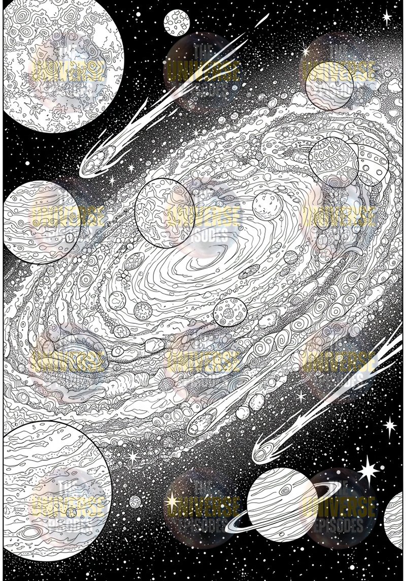 Explore a black and white illustration of a galaxy with planets, stars, and comets swirling around a central spiral. Perfect for those seeking an escape into space-themed art. Get the "Free Galaxy Space Coloring Pages" with 37 Digital Files Download for easy access.