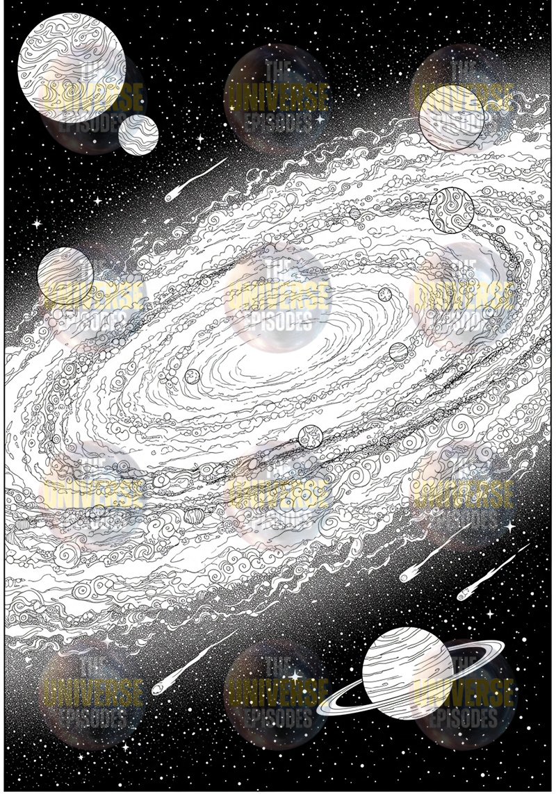 Experience a black and white swirling galaxy with planets, asteroids, and stars in our "Free Galaxy Space Coloring Pages" collection. Download 37 digital files perfect for your creative coloring needs.